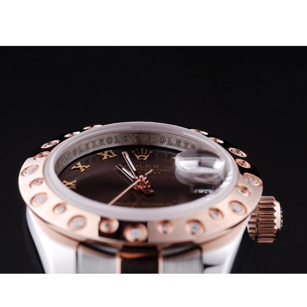 Aaa fake watches 7475 Bezel Dial Datejust Gold Brown Diamonds Rose Rolex Polished 0719